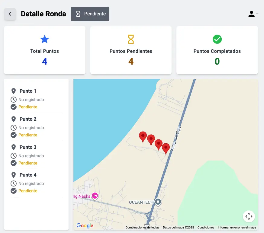 Panel de control de rondas de seguridad en tiempo real mostrando estadísticas, ubicación del guardia y rutas seguidas